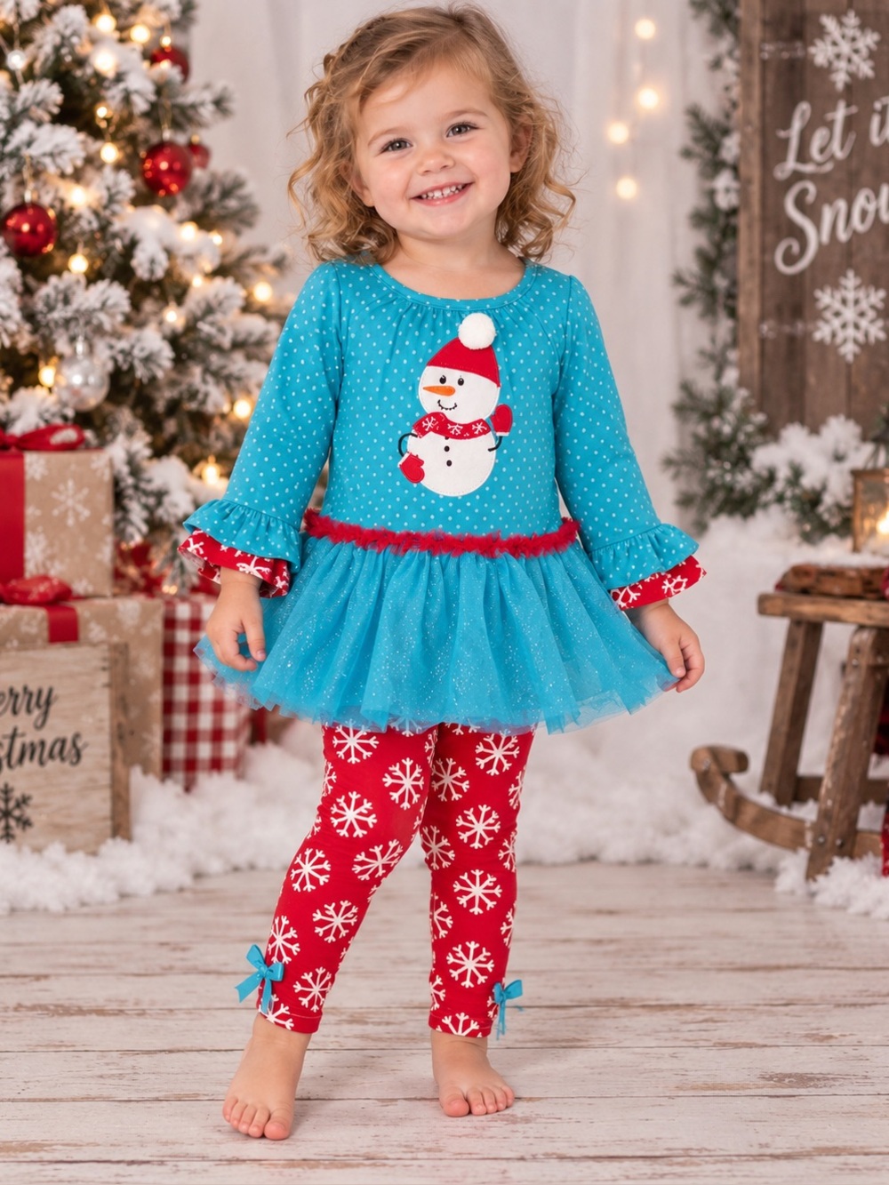 Nannette Kids Christmas Snowman Blue Tutu Top & Legging Set